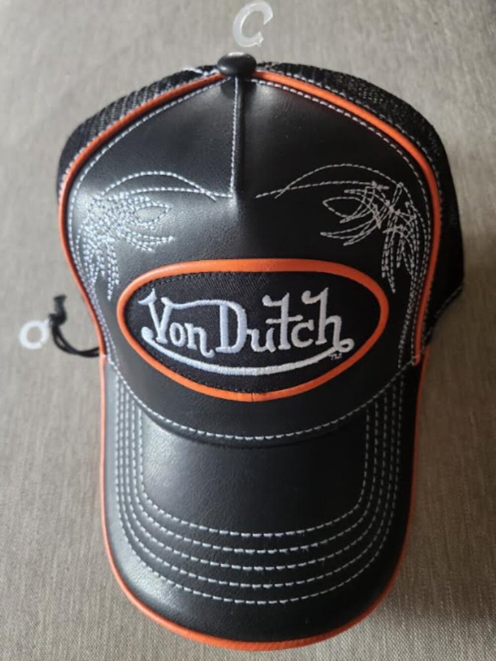 Von Dutch - Leather & Mesh Trucker Cap (Black and Orange)